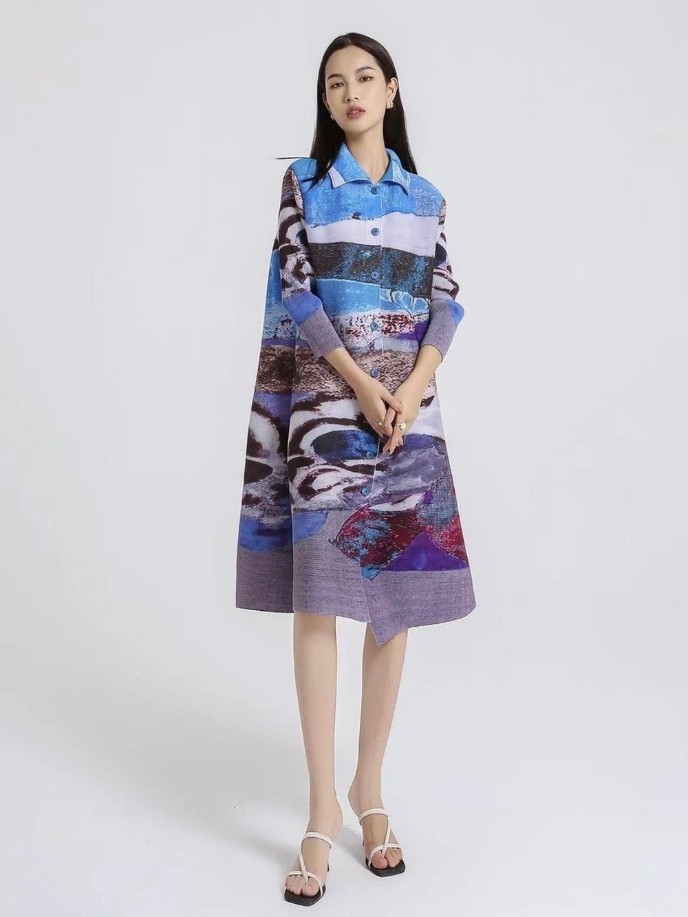 Vanite Couture Blue Multi Abstract Plisse 3/4 Sleeve A-Line Jacket Midi Dress OS
